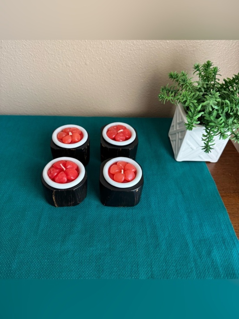 Faux Sushi with red roe set of 4 wax candles in wooden holders